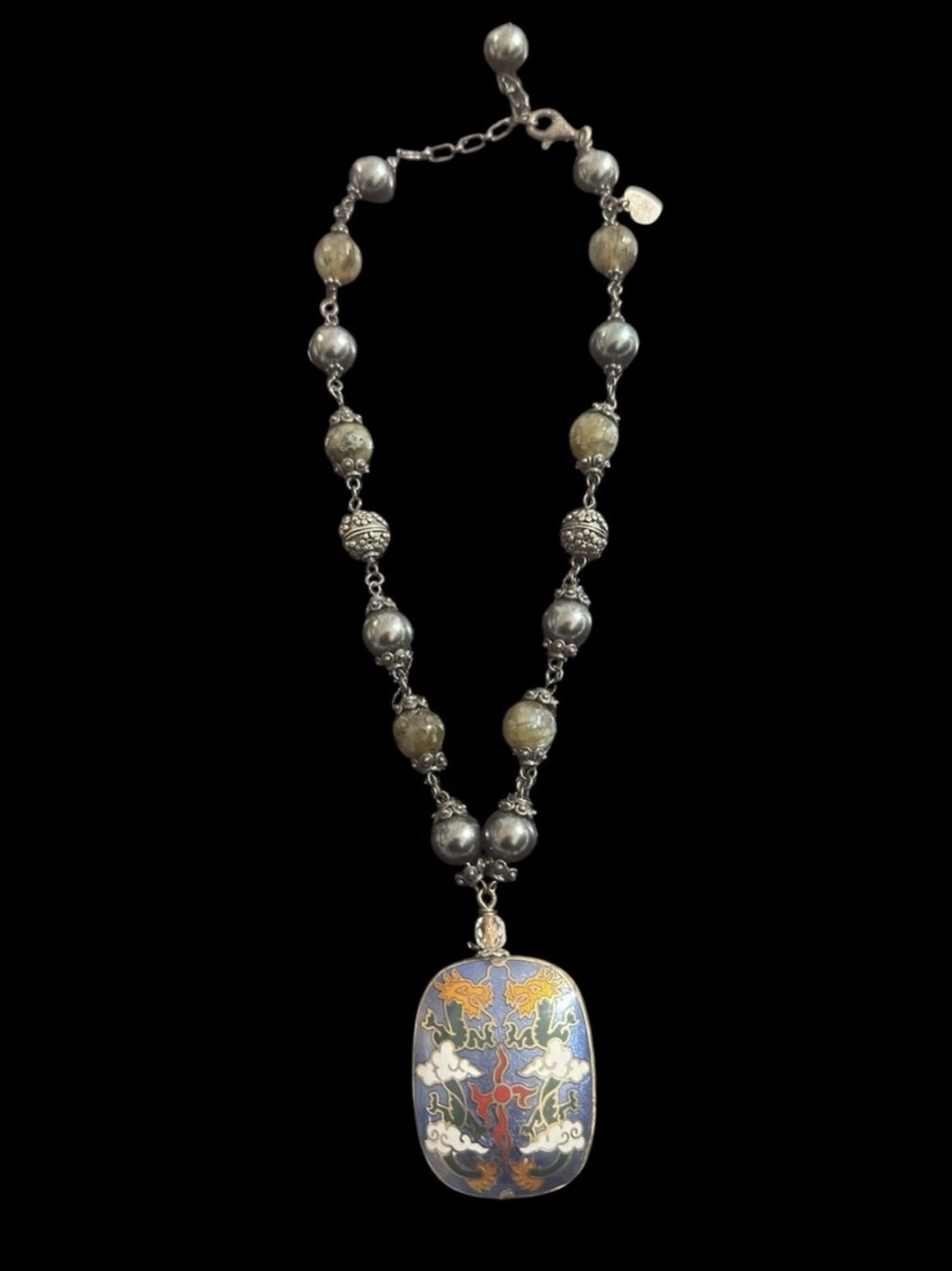 Brenda Ferruzzi Signed Sterling Silver Necklace Vintage Chinese Stone Pendant